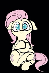Size: 409x617 | Tagged: safe, artist:noupu, character:fluttershy, species:pegasus, species:pony, black background, both cutie marks, female, floppy ears, looking at you, mare, simple background, sitting, solo
