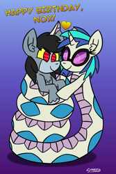Size: 768x1148 | Tagged: safe, artist:snakeythingy, character:dj pon-3, character:vinyl scratch, oc, oc:nox, species:bat pony, species:lamia, species:pony, birthday, birthday gift, boop, canon x oc, coils, commission, gradient background, heart, looking at you, massage, noseboop, original species, robot, robot pony, snake pony, story included