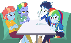 Size: 2488x1508 | Tagged: safe, artist:ilaria122, base used, character:bow hothoof, character:rainbow dash, character:soarin', character:windy whistles, ship:soarindash, my little pony:equestria girls, blushing, clothing, embarrassed, equestria girls-ified, father and daughter, female, legs, looking away, male, mother and daughter, multicolored hair, pants, shipping, shirt, simple background, sitting, straight, table, transparent background