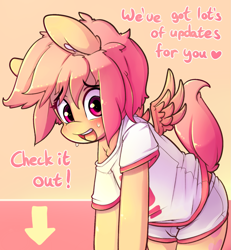 Size: 1329x1439 | Tagged: safe, artist:hoodie, oc, oc only, oc:announcer pony, species:pegasus, species:pony, advertisement, clothing, cute, male, ocbetes, shirt, shorts, solo, t-shirt, text, wings