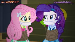 Size: 1286x728 | Tagged: safe, artist:snakeythingy, character:fluttershy, character:rarity, equestria girls:friendship games, g4, my little pony: equestria girls, my little pony:equestria girls, bondage, bound and gagged, cloth gag, damsel in distress, dialogue, gag, looking at each other, manip, peril, photomanipulation, rope, rope bondage, story included, tied up