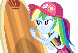 Size: 1003x686 | Tagged: safe, artist:ilaria122, character:rainbow dash, episode:blue crushed (a.k.a baewatch), g4, my little pony: equestria girls, my little pony:equestria girls, belly button, clothing, female, gladys, hat, he doesn't deserve you, midriff, multicolored hair, simple background, solo, surfboard, swimsuit, transparent background