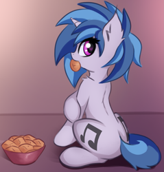 Size: 1433x1500 | Tagged: safe, artist:twiren, character:dj pon-3, character:vinyl scratch, species:pony, species:unicorn, both cutie marks, cookie, cute, female, food, looking back, mare, sitting, solo, sweet dreams fuel, vinylbetes