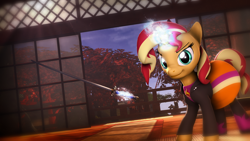 Size: 1920x1080 | Tagged: safe, artist:star-lightstarbright, character:sunset shimmer, species:pony, 3d, equestria girls outfit, female, katana, magic, solo, sword, weapon