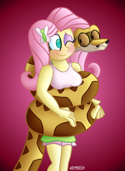 Size: 768x1050 | Tagged: safe, artist:snakeythingy, character:fluttershy, my little pony:equestria girls, blushing, coils, commission, gradient background, looking at each other, snake, story included
