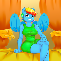 Size: 4000x4000 | Tagged: safe, artist:amberpendant, character:rainbow dash, species:anthro, big breasts, breasts, busty rainbow dash, clothing, dress, female, smiling, solo, tight clothing