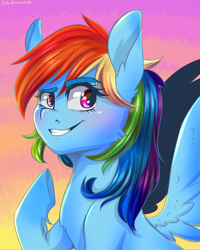 Size: 2000x2500 | Tagged: safe, artist:silbersternenlicht, character:rainbow dash, species:pegasus, species:pony, dreamworks face, female, mare, multicolored hair, smiling, solo, spread wings, underhoof, wings