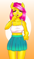 Size: 2190x3780 | Tagged: safe, artist:amberpendant, character:fluttershy, species:anthro, clothing, female, midriff, open mouth, pleated skirt, skirt, solo, tank top, wrong eye color