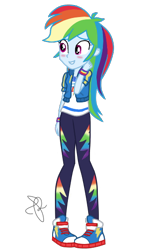 Size: 312x542 | Tagged: safe, artist:ilaria122, character:rainbow dash, equestria girls:rollercoaster of friendship, g4, my little pony: equestria girls, my little pony:equestria girls, blushing, clothing, converse, cute, dashabetes, female, geode of super speed, magical geodes, multicolored hair, pants, shoes, simple background, sneakers, solo, transparent background, wristband