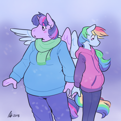 Size: 1280x1280 | Tagged: safe, artist:rwl, character:rainbow dash, character:twilight sparkle, character:twilight sparkle (alicorn), species:alicorn, species:anthro, species:pony, ship:twidash, bbw, blushing, chubby, clothing, fat, female, height difference, holding hands, lesbian, scarf, shipping, size difference, snow, sweater, twilard sparkle, winter, winter outfit