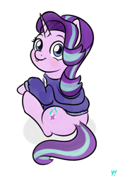 Size: 1000x1500 | Tagged: safe, artist:yakoshi, character:starlight glimmer, species:pony, species:unicorn, blep, blushing, clothing, cute, female, glimmerbetes, hoodie, looking at you, looking back, looking back at you, mare, silly, simple background, sitting, smiling, solo, starlight glimmer day, tongue out, white background