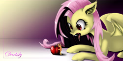 Size: 6400x3200 | Tagged: safe, artist:darksly, character:applejack, character:flutterbat, character:fluttershy, species:bat pony, species:pony, appletini, female, imminent vore, mare, micro, wallpaper, wings