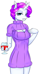 Size: 2148x3933 | Tagged: safe, artist:amberpendant, character:rarity, species:anthro, species:pony, species:unicorn, clothing, female, open-chest sweater, solo, sweater