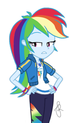 Size: 323x525 | Tagged: safe, artist:ilaria122, character:rainbow dash, equestria girls:forgotten friendship, g4, my little pony: equestria girls, my little pony:equestria girls, bedroom eyes, clothing, geode of super speed, hand on hip, magical geodes, pants, simple background, sweatshirt, transparent background