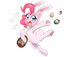 Size: 1600x1200 | Tagged: safe, artist:kaikururu, character:pinkie pie, species:earth pony, species:pony, animal costume, basket, bunny costume, clothing, costume, cute, diapinkes, easter, easter basket, easter egg, female, holiday, mare, paw gloves, paw prints, simple background, solo, transparent background