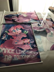 Size: 3024x4032 | Tagged: safe, artist:dshou, character:dj pon-3, character:pacific glow, character:pinkie pie, character:starlight glimmer, character:twilight sparkle, character:vinyl scratch, babscon 2018, clothing, dancing, glowstick, irl, one-piece swimsuit, photo, swimsuit, wall scroll