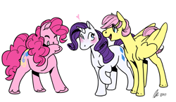 Size: 1749x1020 | Tagged: safe, artist:rwl, character:fluttershy, character:pinkie pie, character:rarity, ship:flutterpie, ship:raripie, ship:rarishy, alternate hairstyle, blushing, female, flaripie, heart, laughing, lesbian, ot3, pinkie pie gets all the mares, polyamory, shipping, short hair