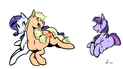 Size: 1600x904 | Tagged: safe, artist:rwl, character:applejack, character:rarity, character:twilight sparkle, species:earth pony, species:pony, species:unicorn, ship:rarijack, female, hatless, implied lesbian, implied rarilight, implied shipping, implied twijack, lesbian, mare, missing accessory, ot3, polyamory, shipping, simple background, snuggling, twirarijack, white background