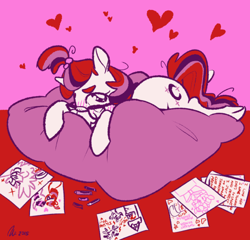 Size: 500x479 | Tagged: safe, artist:rwl, character:moondancer, character:twilight sparkle, character:twilight sparkle (alicorn), species:alicorn, species:pony, ship:twidancer, blushing, crayon, crush, drawing, female, heart, kissing, lesbian, limited palette, love letter, pillow, shipping