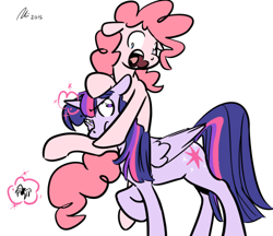 Size: 500x432 | Tagged: safe, artist:rwl, character:pinkie pie, character:twilight sparkle, character:twilight sparkle (alicorn), species:alicorn, species:earth pony, species:pony, ship:twinkie, arachnophobia, fear, female, lesbian, magic, mare, scared, shipping, spider