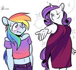 Size: 1200x1100 | Tagged: safe, artist:rwl, character:rainbow dash, character:rarity, species:anthro, ship:raridash, bare shoulders, belly button, bingo wings, blushing, chubby, clothing, dress, ear piercing, earring, female, jeans, jewelry, lesbian, midriff, one eye closed, pants, piercing, shipping, sparkles, sweat, sweatdrop