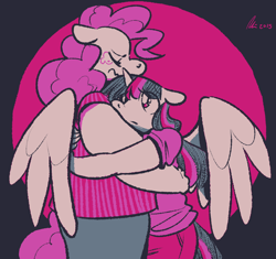 Size: 1200x1129 | Tagged: safe, artist:rwl, character:pinkie pie, character:twilight sparkle, character:twilight sparkle (alicorn), species:alicorn, species:anthro, species:pony, ship:twinkie, chubby, crying, female, hug, lesbian, limited palette, sad, shipping, size difference, winghug