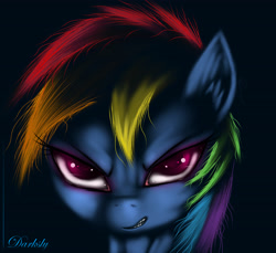 Size: 3500x3200 | Tagged: safe, artist:darksly, character:rainbow dash, species:pony, black background, evil, female, mare, signature, simple background, solo
