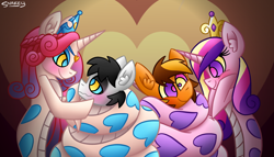 Size: 1246x714 | Tagged: safe, artist:snakeythingy, character:princess amore, character:princess cadance, oc, oc:merc fox, oc:nightwish, species:lamia, birthday, blushing, canon x oc, coils, gift art, gradient background, hypnosis, lamiafied, looking at each other, original species, snake pony, species swap, story included