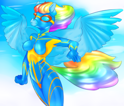 Size: 4000x3440 | Tagged: safe, artist:amberpendant, character:rainbow dash, species:anthro, species:pegasus, species:pony, clothing, female, flying, latex, mare, skintight clothes, uniform, wonderbolts, wonderbolts uniform