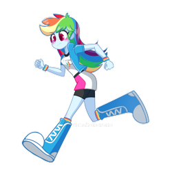 Size: 1024x1024 | Tagged: safe, artist:riouku, character:rainbow dash, my little pony:equestria girls, big feet, blushing, boots, clothing, commission, compression shorts, cute, female, fist, foot growth, looking down, moe, running, shorts, simple background, skirt, socks, solo, transparent background, wristband
