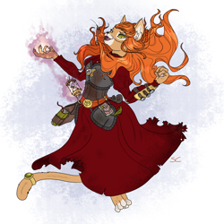 Size: 2000x2000 | Tagged: source needed, safe, artist:sourcherry, character:catrina, species:abyssinian, g1, armor, book, clothing, dress, female, flower, g1 to g4, generation leap, magic, ring, solo, spell, spellbook, trinket, watch