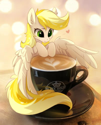 Size: 888x1100 | Tagged: safe, artist:tomatocoup, oc, oc only, oc:dandelion blossom, species:pegasus, species:pony, g4, blonde, blonde hair, cappuccino, coffee, cream art, cute, female, irl, mare, micro, ocbetes, photo, pocket pony, ponies in real life, smiling, solo, spread wings, tiny, tiny ponies, wings