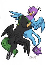 Size: 1660x2352 | Tagged: safe, artist:silentwulv, edit, oc, oc only, oc:gyro feather, oc:gyro tech, oc:lightning hunt, species:griffon, species:pegasus, species:pony, color edit, colored, griffonized, personal space invasion, species swap, traditional art