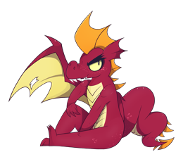 Size: 1911x1654 | Tagged: safe, artist:dragonpone, derpibooru original, character:garble, species:dragon, angry, butt freckles, freckles, frown, male, nose wrinkle, one wing out, sharp teeth, simple background, sitting, solo, teeth, transparent background, villains of equestria collab