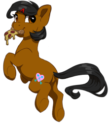 Size: 431x488 | Tagged: safe, artist:silentwulv, oc, oc only, oc:yanie, species:earth pony, species:pony, featureless crotch, female, food, mare, meat, pepperoni, pepperoni pizza, pizza, plot, simple background, transparent background, underhoof