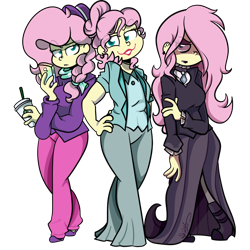 Size: 1024x1024 | Tagged: safe, artist:befishproductions, character:fluttershy, episode:fake it 'til you make it, my little pony:equestria girls, cellphone, clothing, coffee, dress, ear piercing, earring, eyeshadow, fluttergoth, hair over one eye, hat, hipstershy, jewelry, lipstick, makeup, multeity, phone, piercing, severeshy, simple background, so much flutter, transparent background, triality, trio
