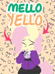 Size: 600x800 | Tagged: safe, artist:dragonpone, derpibooru original, character:fluttershy, species:pegasus, species:pony, '90s, blush sticker, blushing, cd, clothing, cute, eyes closed, female, hoodie, mare, mello yello, nsync, skirt, smiling, solo