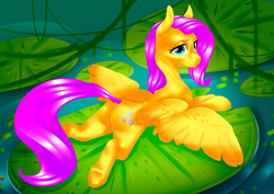 Size: 4000x2830 | Tagged: safe, artist:amberpendant, character:fluttershy, species:pegasus, species:pony, female, lily pad, looking over shoulder, mare, plot, prone, solo, spread wings, wings