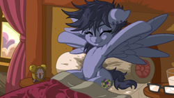 Size: 4800x2700 | Tagged: safe, artist:latecustomer, oc, oc only, oc:nightshade (pegasus), species:pegasus, species:pony, armpits, bedroom, commission, cute, morning ponies, solo, stretching, waking up