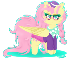 Size: 1024x860 | Tagged: safe, artist:vanillaswirl6, character:fluttershy, species:pegasus, species:pony, episode:fake it 'til you make it, :<, braid, cheek fluff, clothing, colored eyelashes, colored pupils, ear fluff, female, fluffy, glasses, hair tie, hat, hipster, hipstershy, scarf, simple background, skirt, solo, sweater, sweatershy, transparent background
