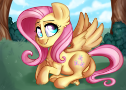 Size: 4223x3014 | Tagged: safe, artist:annakitsun3, character:fluttershy, species:pegasus, species:pony, chest fluff, cute, ear fluff, female, grass, high res, looking at you, looking sideways, mare, prone, shyabetes, smiling, solo, spread wings, tree, wings