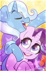 Size: 2100x3245 | Tagged: safe, artist:annakitsun3, character:starlight glimmer, character:trixie, species:pony, species:unicorn, cute, duo, ear fluff, eyes closed, female, mare, open mouth, smiling, stars