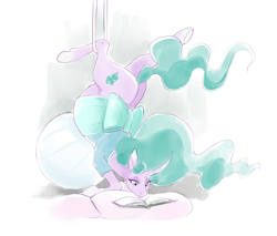 Size: 1406x1200 | Tagged: safe, artist:nsfwbonbon, character:mistmane, species:pony, species:unicorn, belly, book, curved horn, eastern unicorn, exercise ball, explicit source, female, horn, mare, pregnant, reading, solo, stretching, suspended, upside down