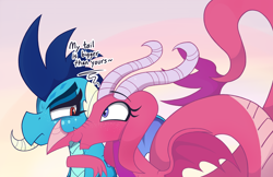 Size: 2302x1494 | Tagged: safe, artist:dragonpone, derpibooru original, character:princess ember, species:dragon, annoyed, ballista, dialogue, dragoness, duo, female, freckles, horns, long tail, looking at each other, open mouth, shoulder freckles, side hug, smiling, spread wings, wings