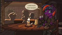 Size: 4800x2700 | Tagged: safe, artist:latecustomer, oc, oc only, oc:killjoy, species:bat pony, bar, bat pony oc, candle, chair, clothing, commission, dialogue, fire, open mouth, silhouette, sitting, speech bubble, sword, table, weapon