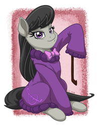Size: 2550x3300 | Tagged: safe, artist:latecustomer, character:octavia melody, species:earth pony, species:pony, bow (instrument), clothing, female, looking at you, mare, oversized clothes, smiling, solo, sweater