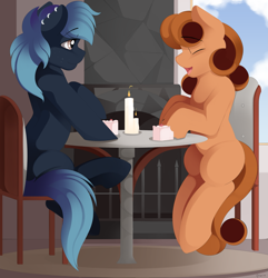 Size: 2893x3000 | Tagged: safe, artist:conrie, oc, oc only, oc:honney bun, oc:wild light, cake, candle, chair, chimney, explicit source, food, outdoors, piercing, sitting, table
