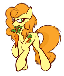 Size: 744x883 | Tagged: safe, artist:kejifox, character:carrot top, character:golden harvest, species:earth pony, species:pony, bedroom eyes, carrot, dock, female, goldenbutt, looking back, mare, mouth hold, plot, raised hoof, raised leg, solo