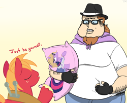 Size: 1600x1300 | Tagged: safe, artist:tex, character:big mcintosh, character:twilight sparkle, species:earth pony, species:human, species:pony, brony, brony stereotype, fat, glasses, male, pillow, stallion, tara strong