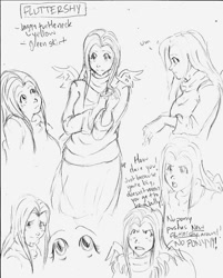 Size: 900x1118 | Tagged: safe, artist:demdoodles, character:fluttershy, species:human, clothing, expressions, female, humanized, sketch dump, skirt, solo, winged humanization